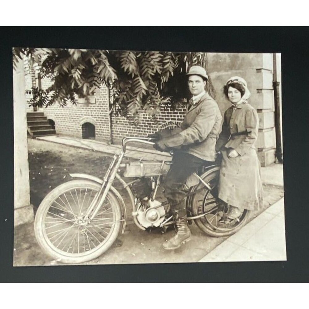 Antique Photo Early 1900s Harley Davidson With Riders Couple 8”x10”